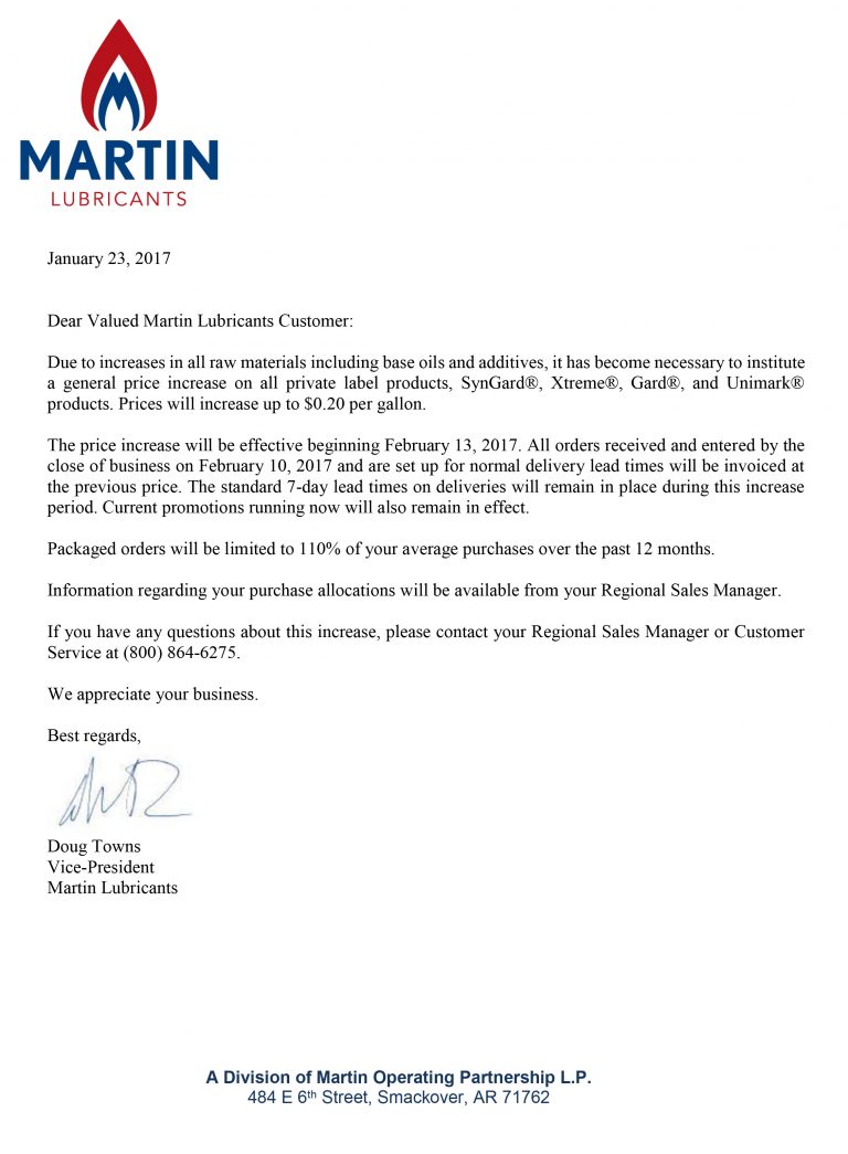 Martin Lubricants Martin Lubricants Announces Price Increase Effective